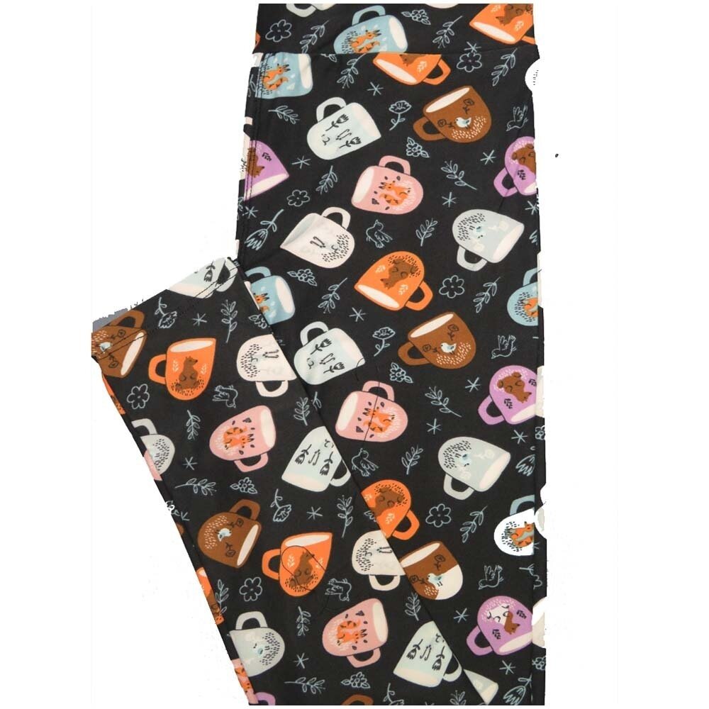 LuLaRoe One Size OS Coffee Cups Tea Doves Black Orange Brown Pink Floral Leggings (OS fits Adults 2-10)