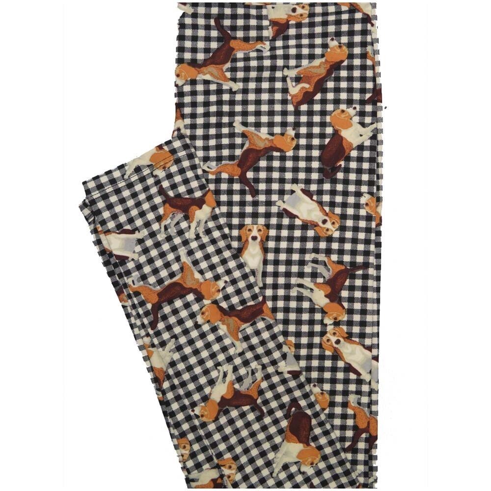 LuLaRoe One Size OS Beagles Puppy Dogs Gingham Checkerboard Black White Brown Buttery Soft Leggings - OS fits Adults 2-10