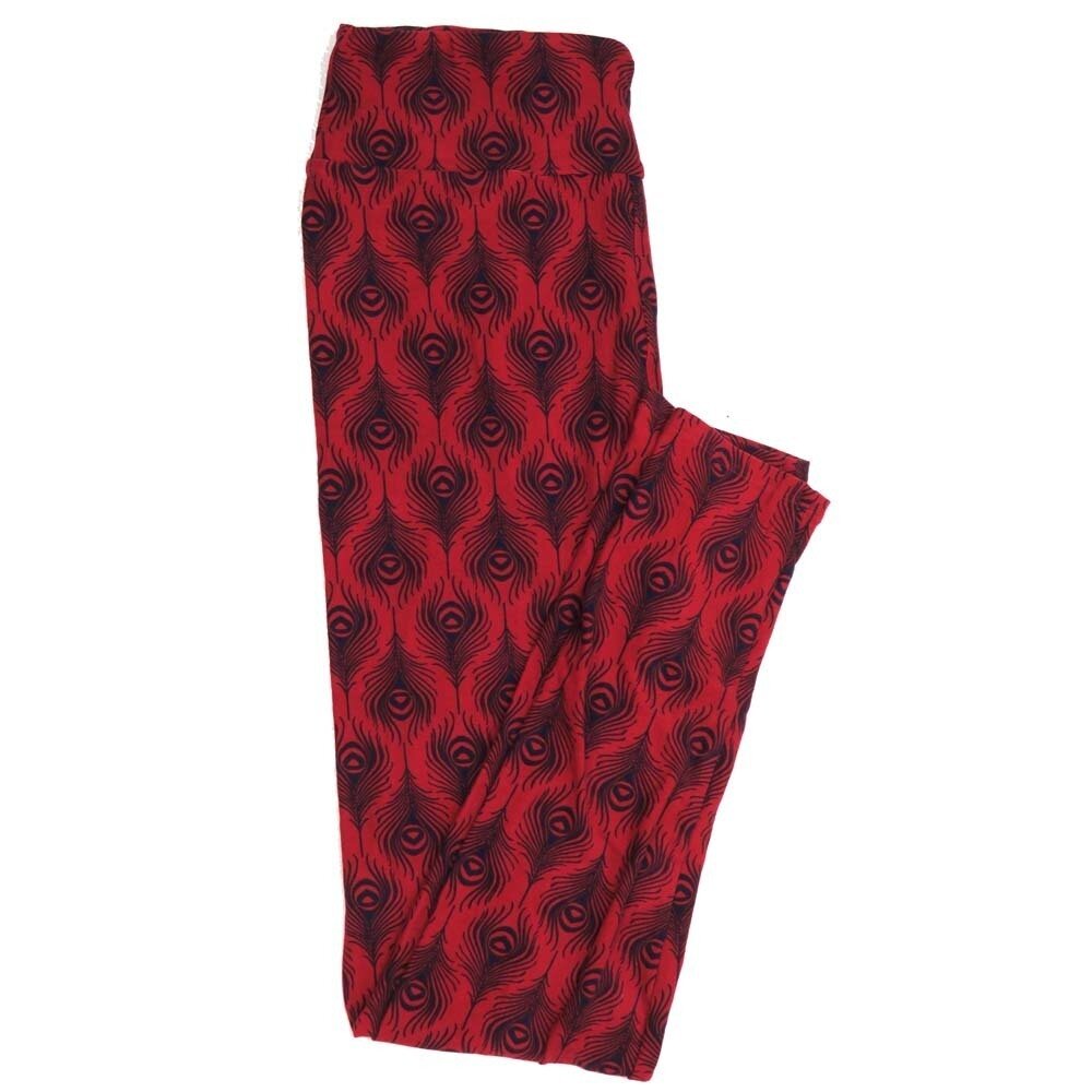 LuLaRoe One Size OS Peacock Feather Red Black Geometric Buttery Soft Womens Leggings fit Adult sizes 2-10  OS-4358-BD