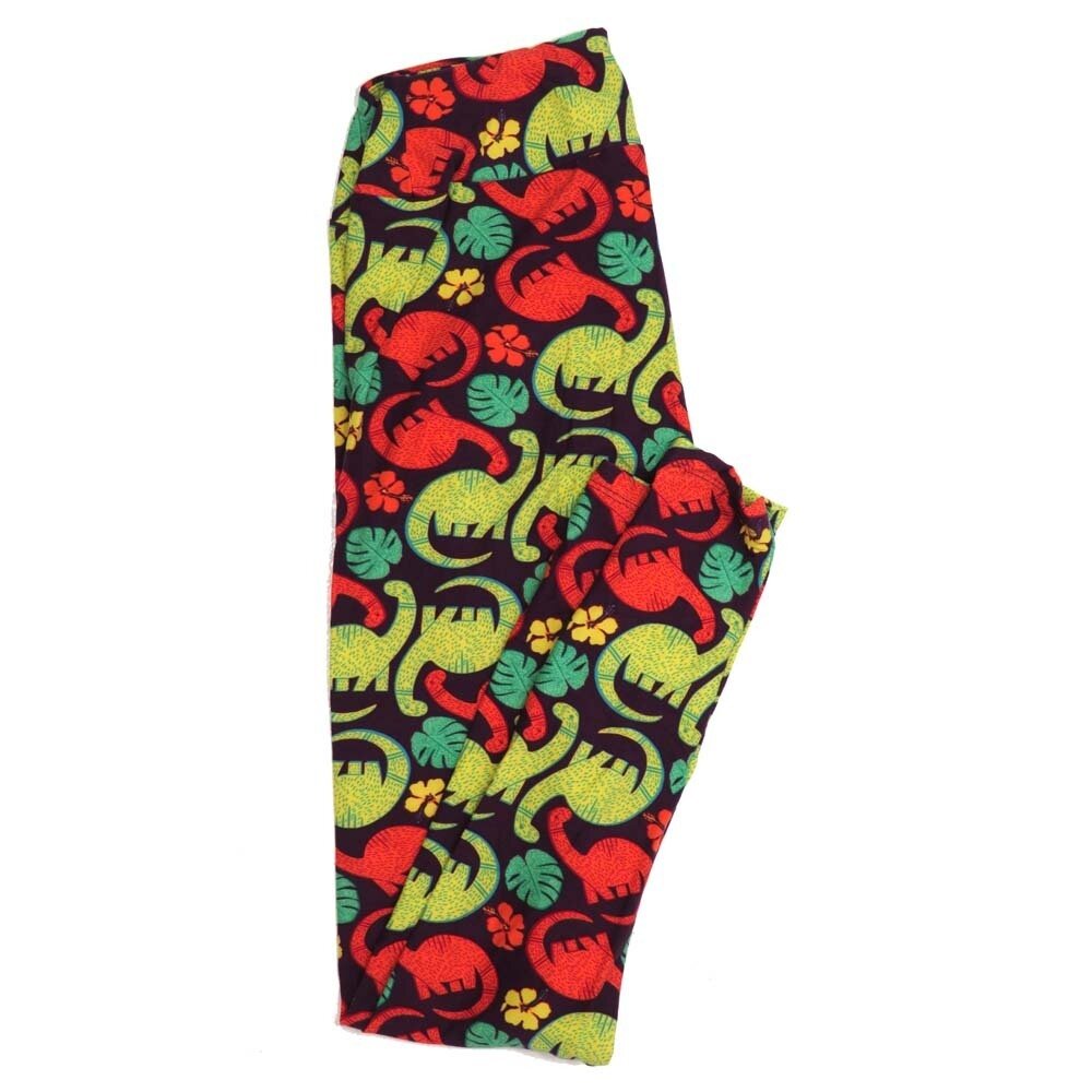 LuLaRoe One Size OS Dinosaurs Brontosaurus Fern Palm Floral Black Red Green Buttery Soft Womens Leggings fit Adult sizes 2-10  OS-4359-BD