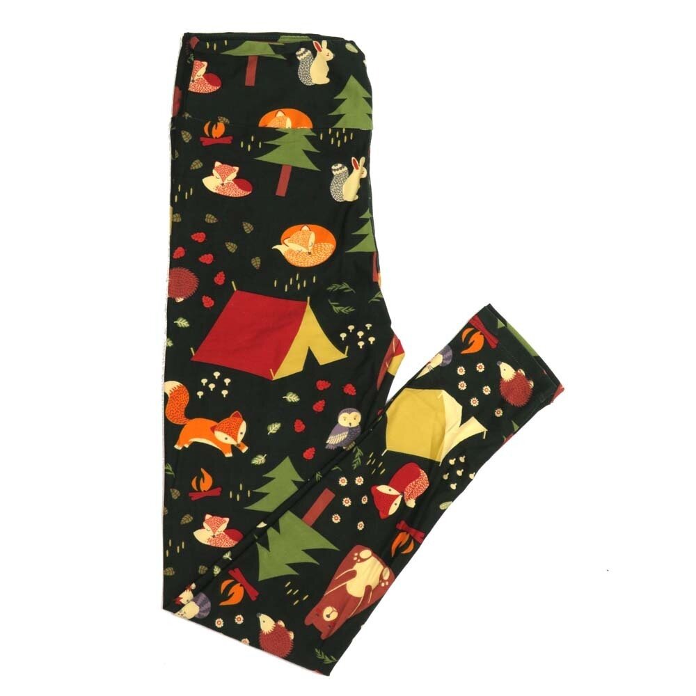LuLaRoe One Size OS Camping Tents Foxes Owls Bears Pine Cones Trees Buttery Soft Womens Leggings fit Adult sizes 2-10 OS-4360-BF