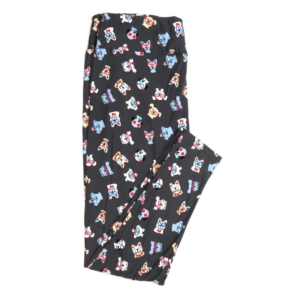 LuLaRoe One Size OS Animals Puppy Dogs Wearing Glasses Hearts Gray Blue Red White Cream Buttery Soft Womens Leggings fit Adult sizes 2-10 OS-4377-D-24