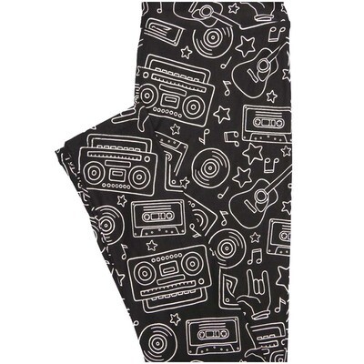 LuLaRoe One Size OS Black White Guitar Cassette Tape Boom Box Stars Record Rock Roll Leggings (OS fits Adults 2-10)