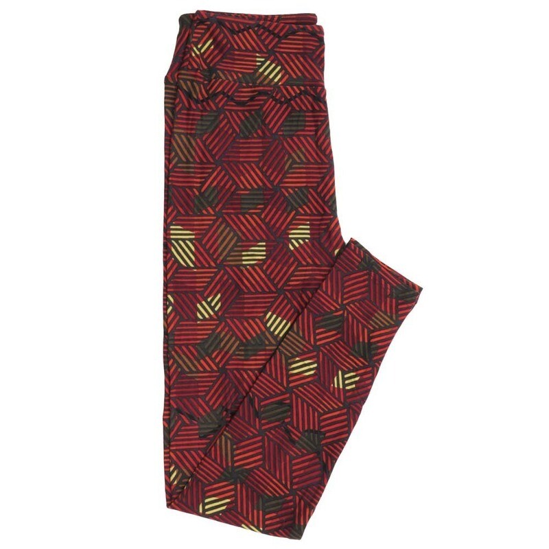 LuLaRoe One Size OS 3D Cube Stripe Red Yellow Leggings (OS fits Adults 2-10)