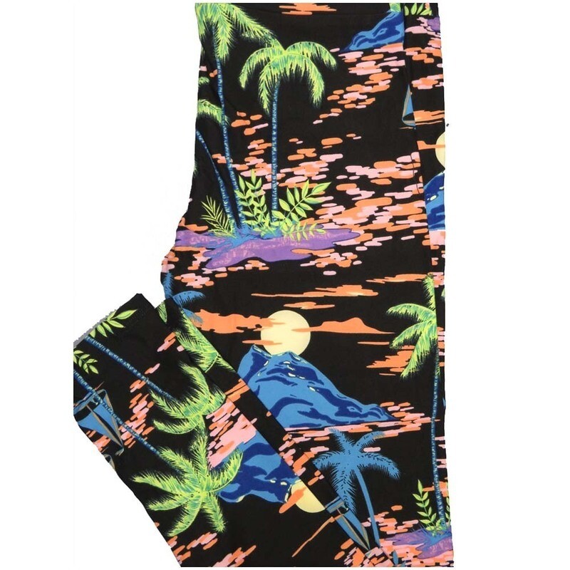 LuLaRoe One Size OS Island Oasis Ocean Palm Tree Volcano Beach Black Green Peach Lavender Blue Leggings (OS fits Adults 2-10)
