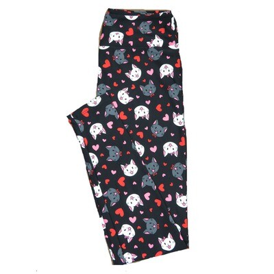LuLaRoe One Size OS Black with Smiling Gray and White Male Female Kittens Kitty Cats w/ Bows and Red Pink Polka Dot Hearts Love Valentines Leggings (OS fits Adults 2-10) OS-4202-A