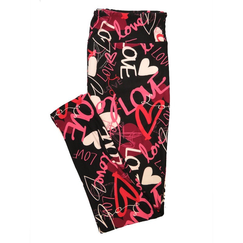 LuLaRoe One Size OS Love All Ways Hearts Black Pink Red White Valentines Buttery Soft Leggings - OS fits Adults 2-10