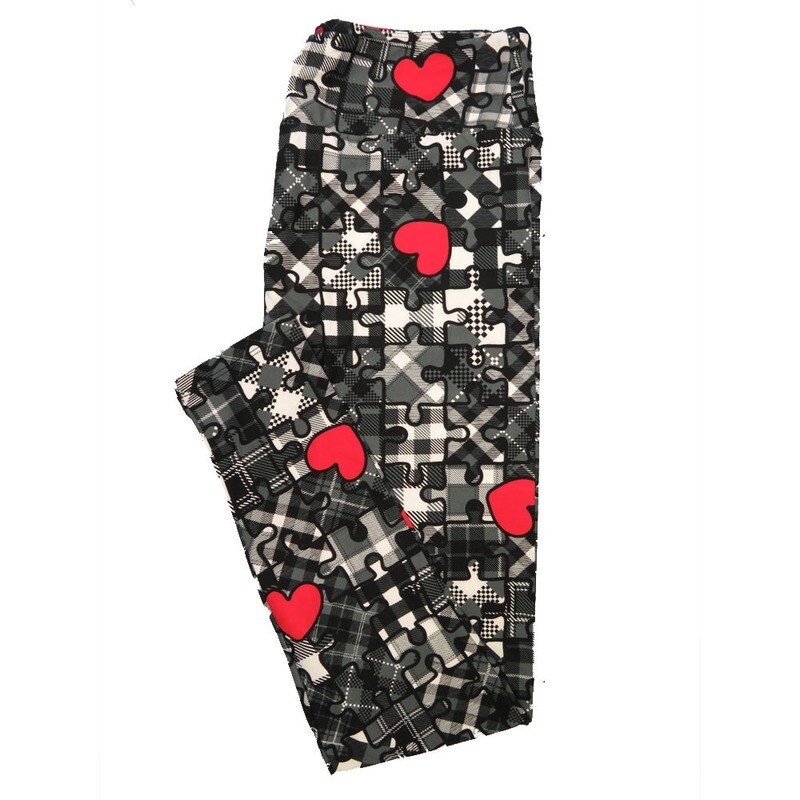 LuLaRoe One Size OS Puzzle Piece Hearts Plaid Black White Gray Red Valentines Buttery Soft Leggings - OS fits Adults 2-10