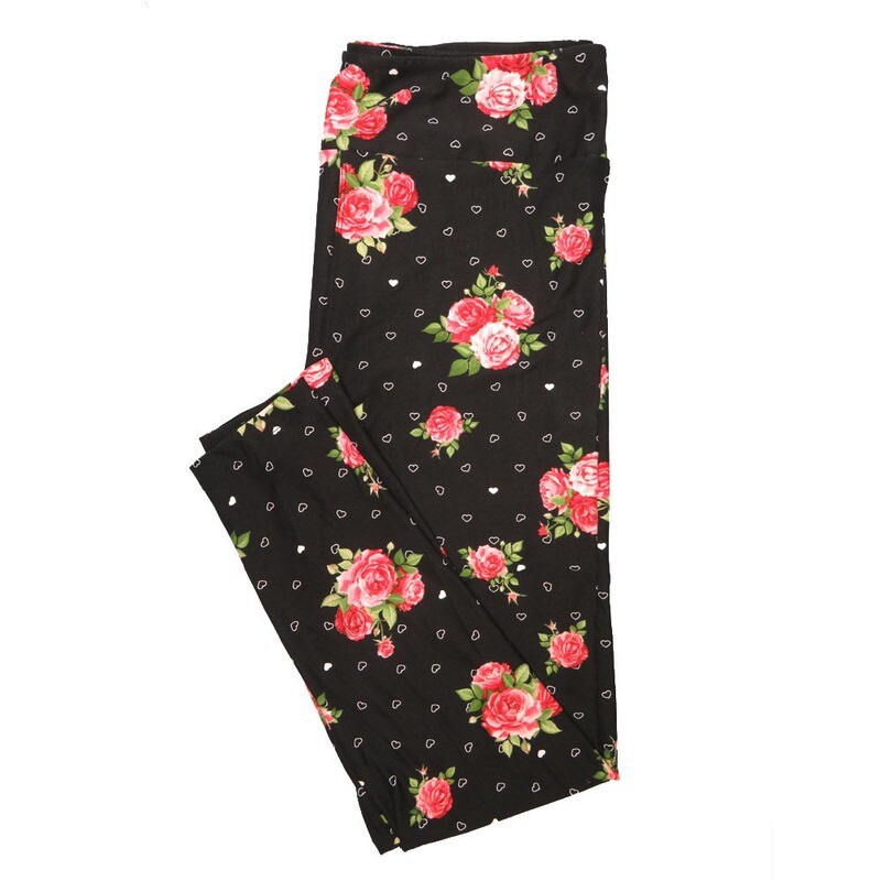 LuLaRoe One Size OS Roses Polka Dot Hearts Black White Pink Valentines Leggings (OS fits Adults 2-10)