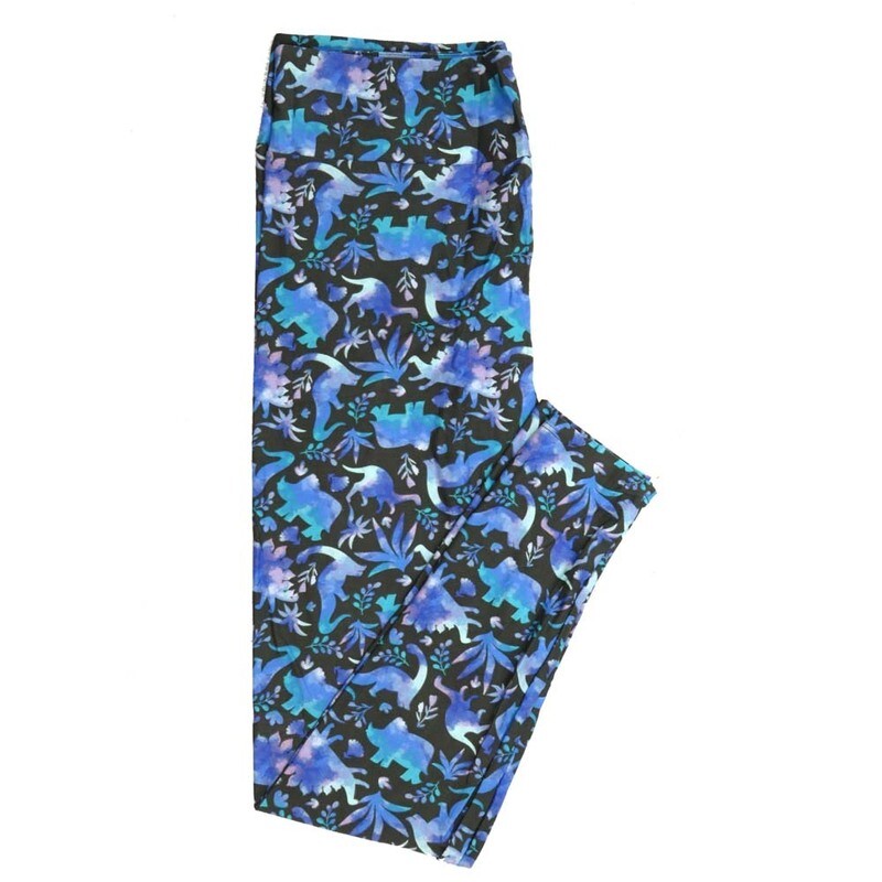 LuLaRoe One Size OS Dinosaurs Brontosaurus Stegosaurus Triceratops Plants Ferns Dark Gray with Purple Blue Teal and Mint Green Buttery Soft Leggings - OS fits Adults 2-10  307820