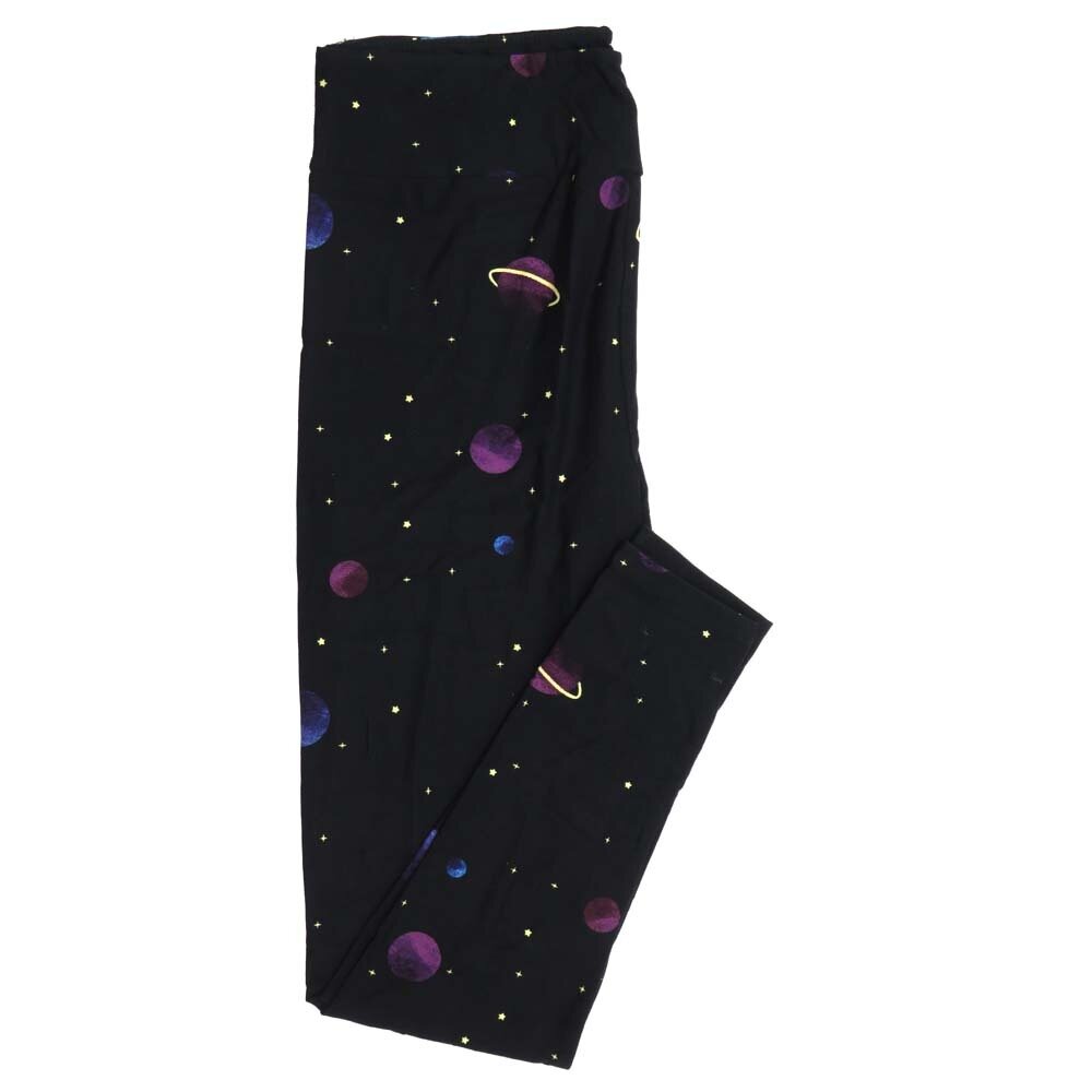 LuLaRoe One Size OS Planets Saturn Stars Space Black with Blue Purple Pink and Yellow Buttery Soft Leggings - OS fits Adults 2-10  397838