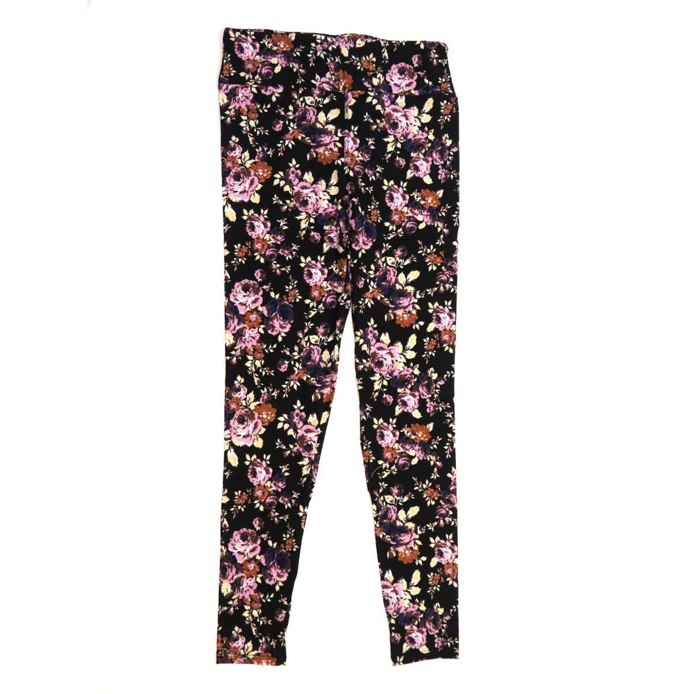 LuLaRoe One Size OS Roses Black with Yellow Brown Purple and Pink Buttery Soft Leggings - OS fits Adults 2-10  483024