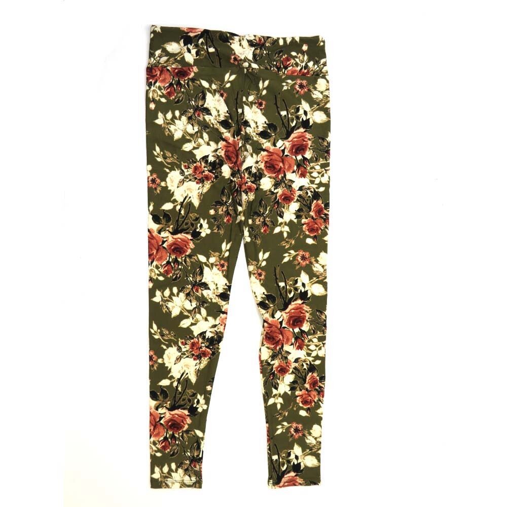 LuLaRoe One Size OS Roses Olive Green White Pink and Maroon Buttery Soft Leggings - OS fits Adults 2-10 407828