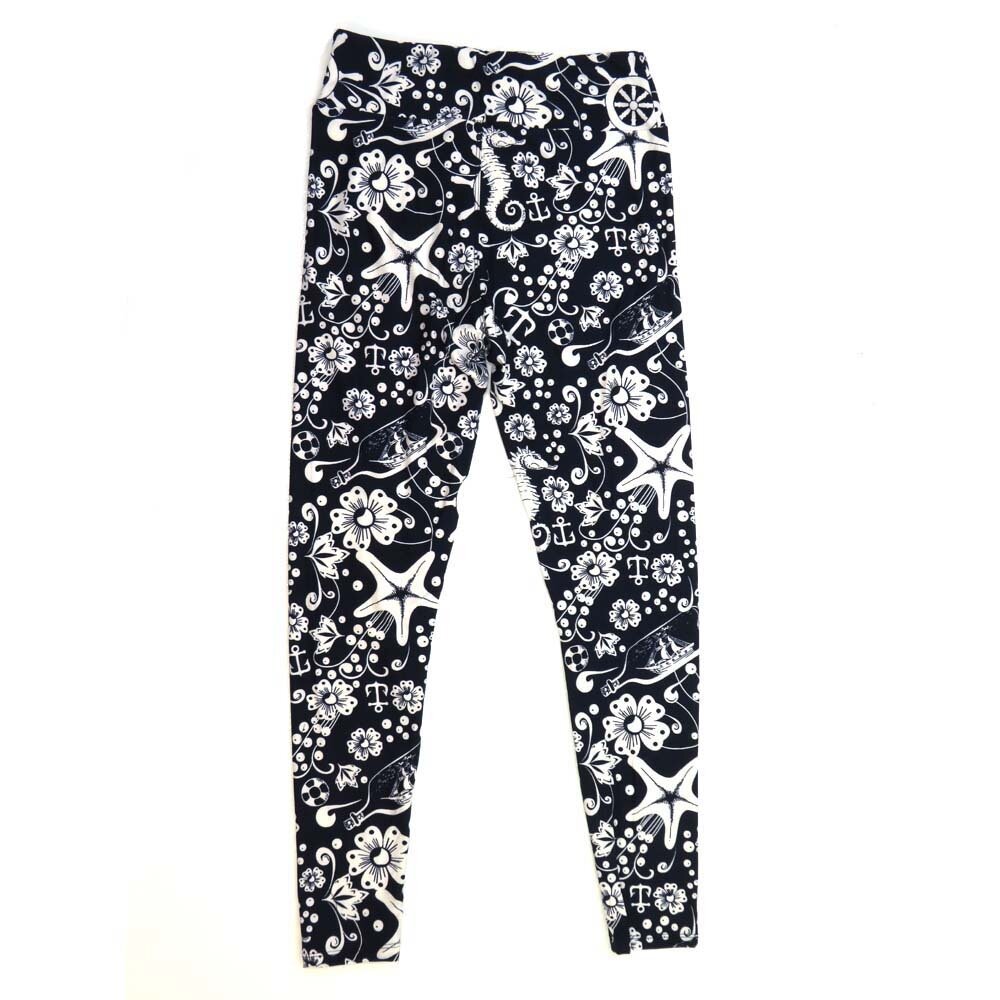 LuLaRoe One Size OS Sealife Salt Anchors Seahorses Captain's Wheel Starfish Schooner in a Bottle Ship Sailboat Nay Blue and White Floral Buttery Soft Leggings - OS fits Adults 2-10 331610