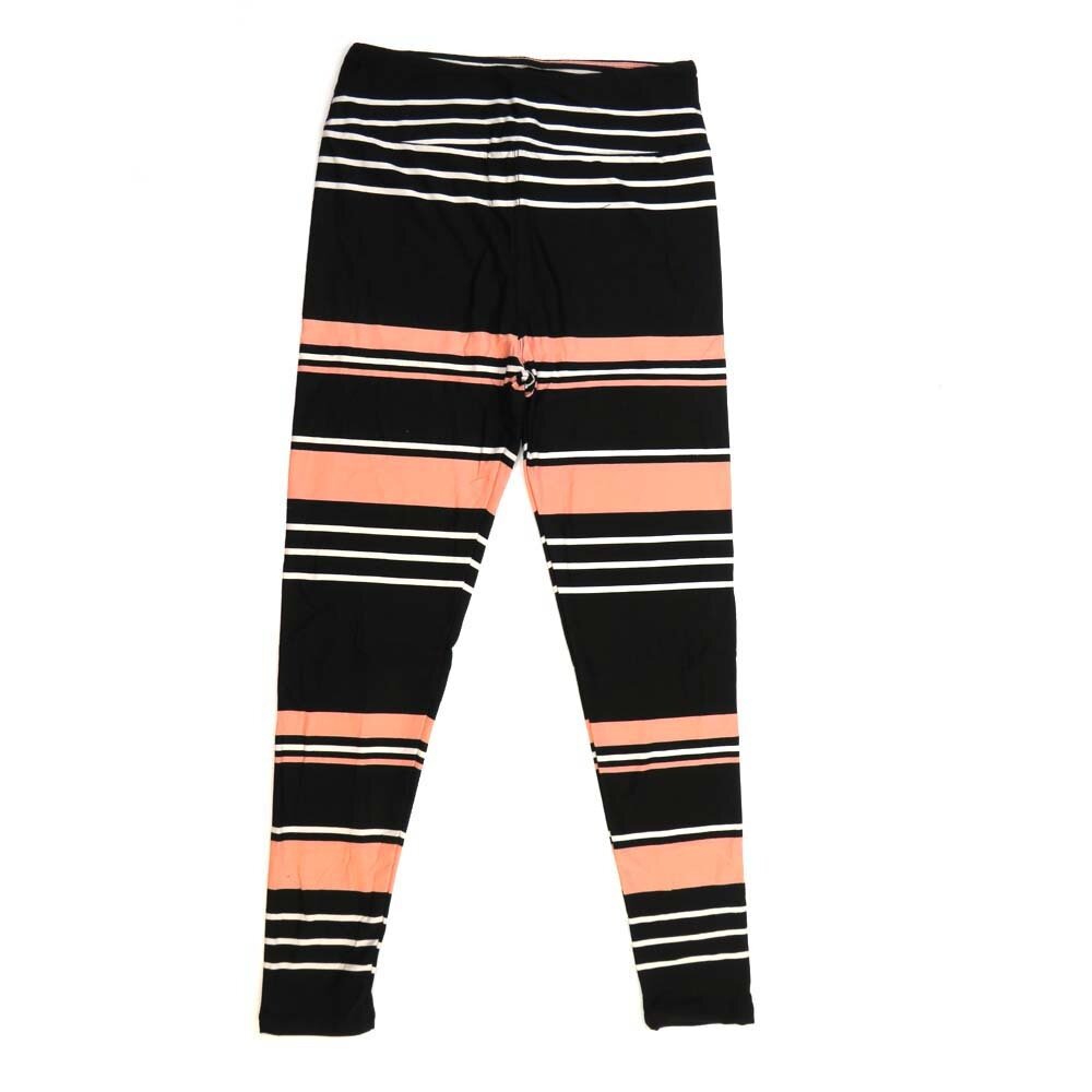 LuLaRoe One Size OS Stripes Thick and Thin Black with Pink White and Salmon Buttery Soft Leggings - OS fits Adults 2-10  386115