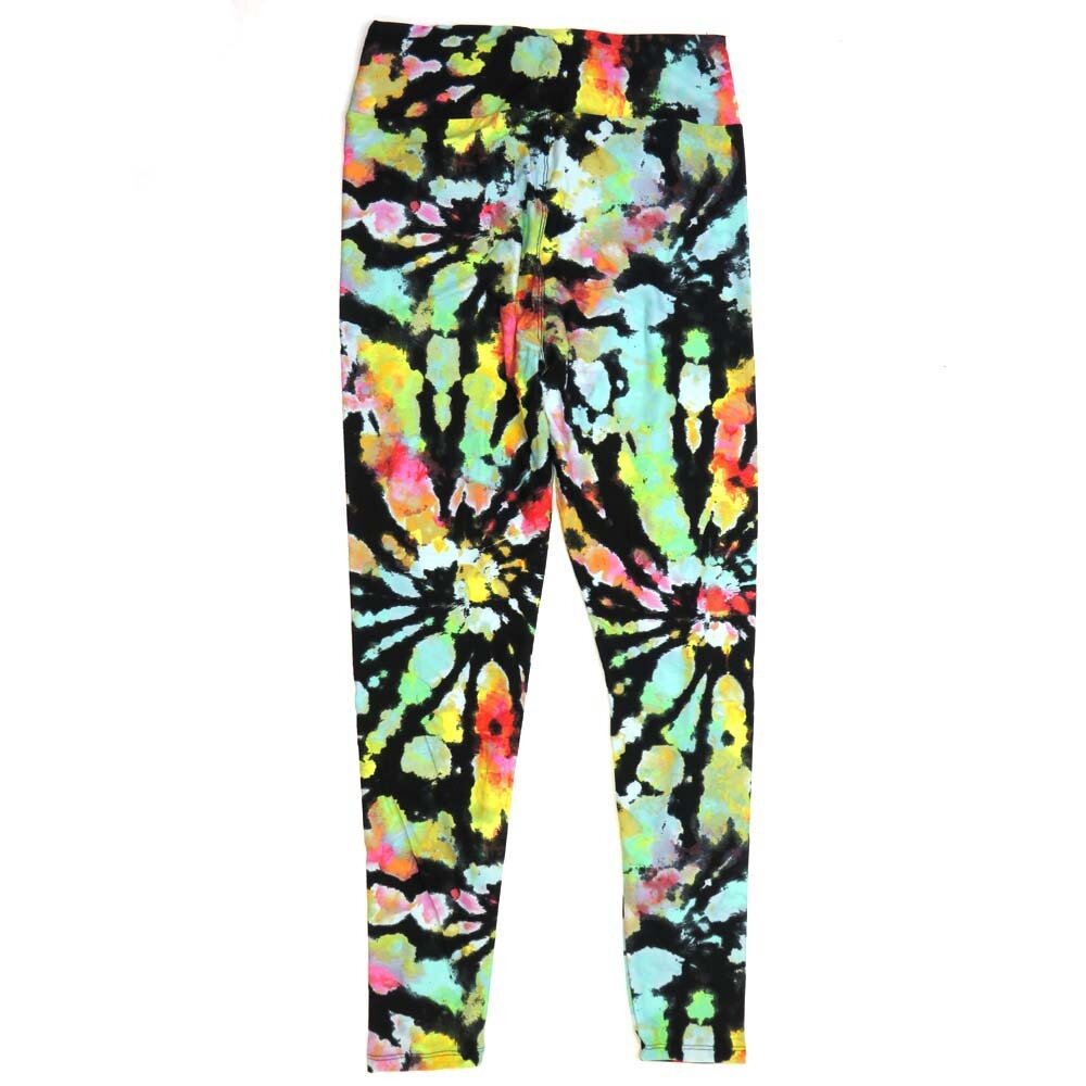 LuLaRoe One Size OS Tye Dye Black with Turqoise Pink  and Yellow Buttery Soft Leggings - OS fits Adults 2-10  933078