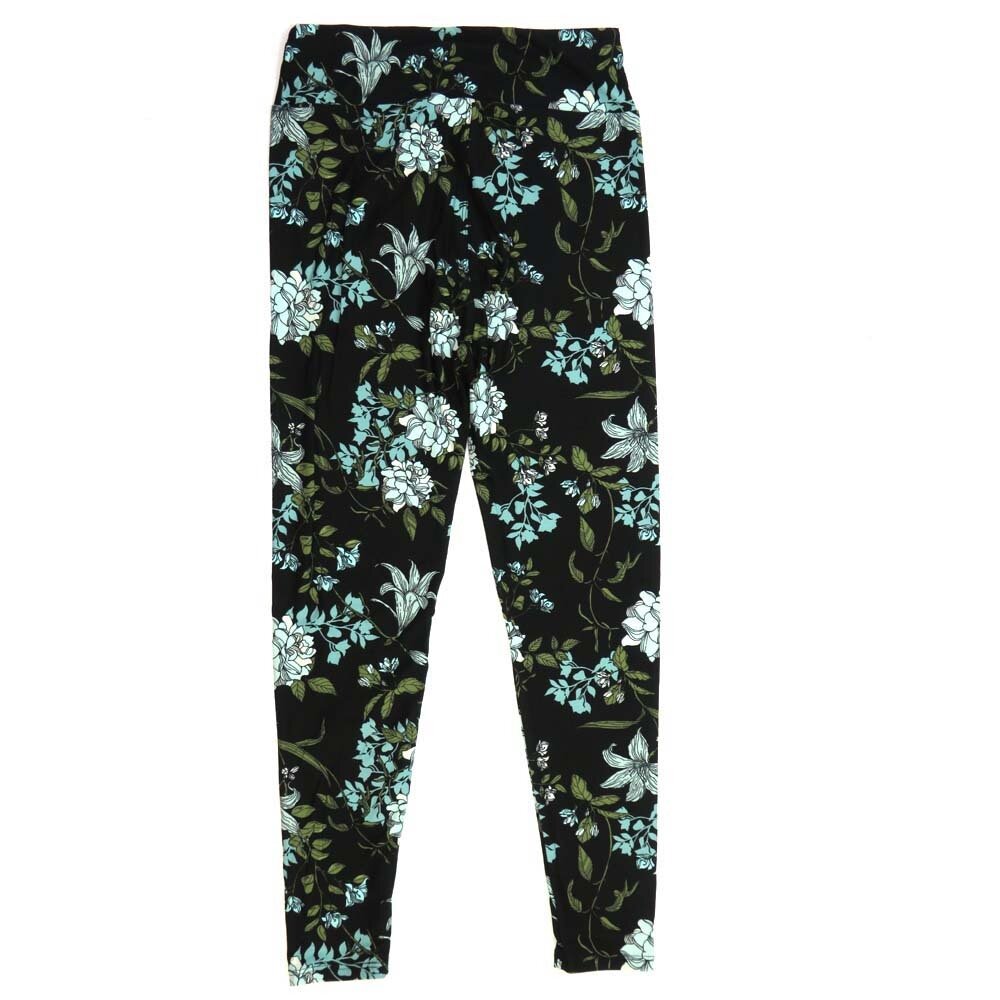 LuLaRoe One Size OS Lilly Lillies Black with Mint and Olive Greens Buttery Soft Leggings - OS fits Adults 2-10 166133