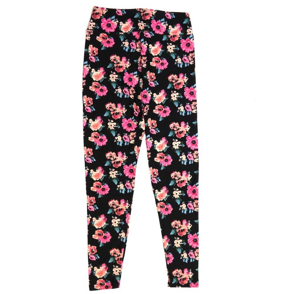 LuLaRoe One Size OS Roses and Assorted Flowers Black with Salmon Pink and Green Buttery Soft Leggings - OS fits Adults 2-10  964779