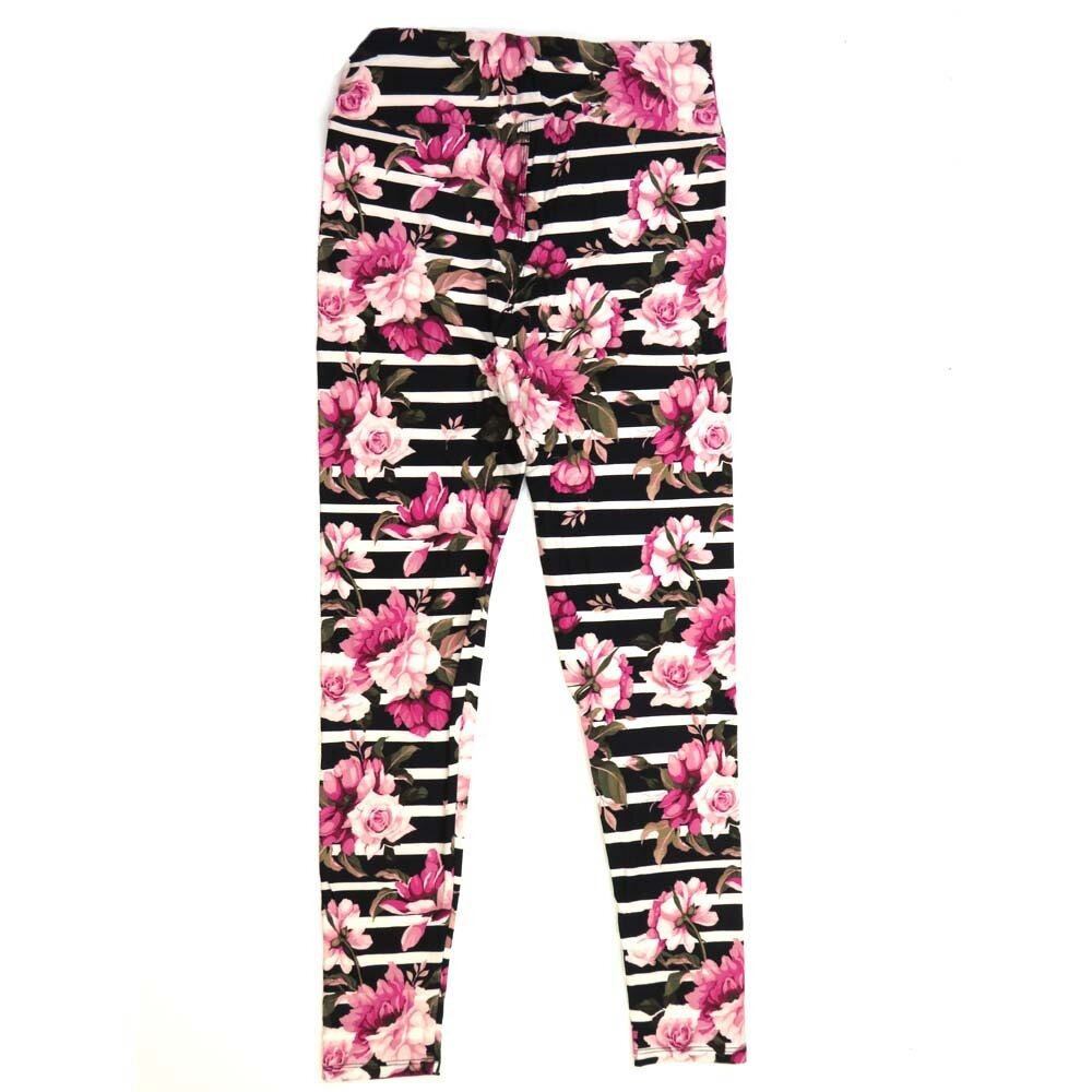 LuLaRoe One Size OS Striped Roses and Flowers Black Pink White Green and Pink Buttery Soft Leggings - OS fits Adults 2-10  362311