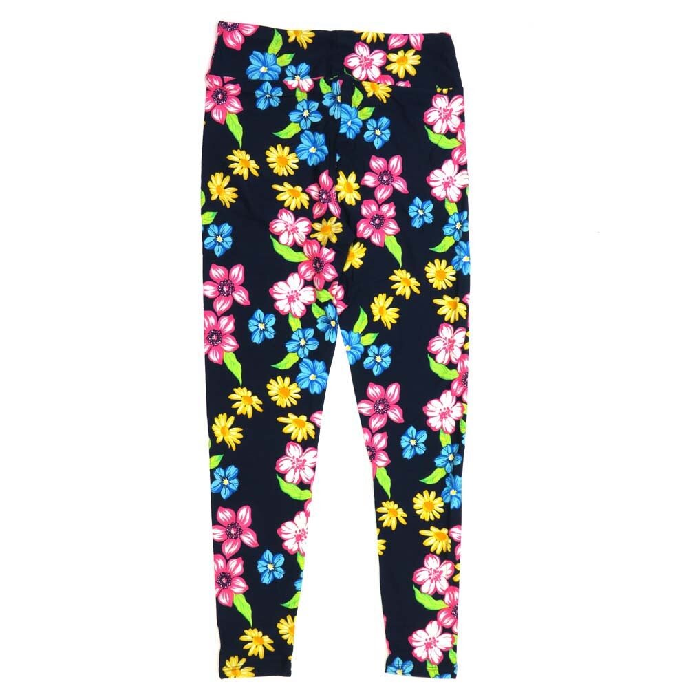LuLaRoe One Size OS Hybiscus Blooms Flowers Navy Blue White Pink and Neon Green Buttery Soft Leggings - OS fits Adults 2-10  957872