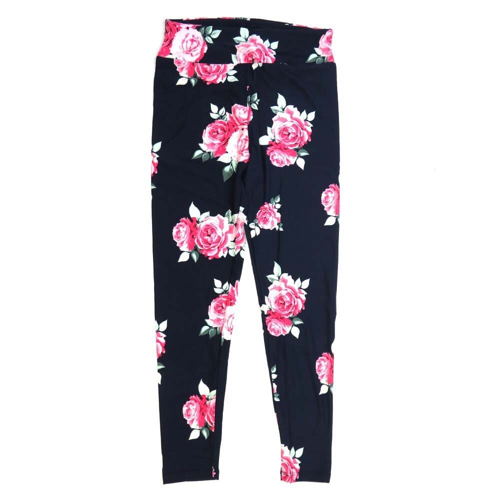LuLaRoe One Size OS Big Roses Navy with Mint Green Pink and Salmon Buttery Soft Leggings - OS fits Adults 2-10  094741