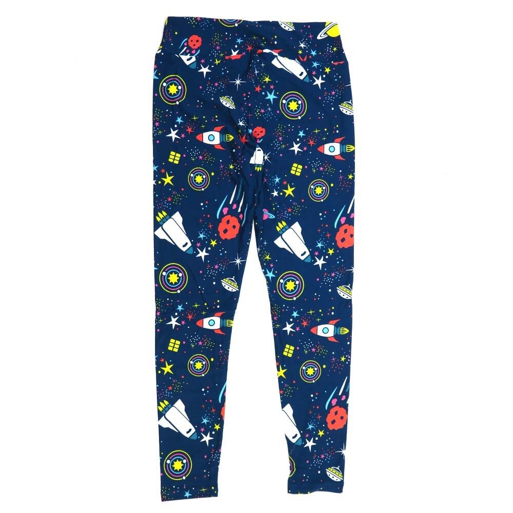 LuLaRoe One Size OS Spaceships Outer Space Rockets Asteroids Stars Galaxies Slate Blue with White Pink Turqoise and Yellow Polka Dots Buttery Soft Leggings - OS fits Adults 2-10  892387