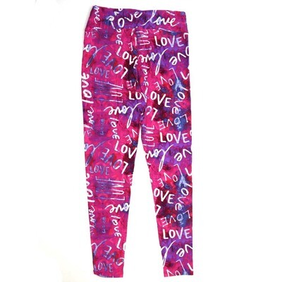 LuLaRoe One Size OS Tye Dye Batik with Words of LOVE Love love Pink with White and Purple Valentines Buttery Soft Leggings - 694015 OS fits Adults 2-10