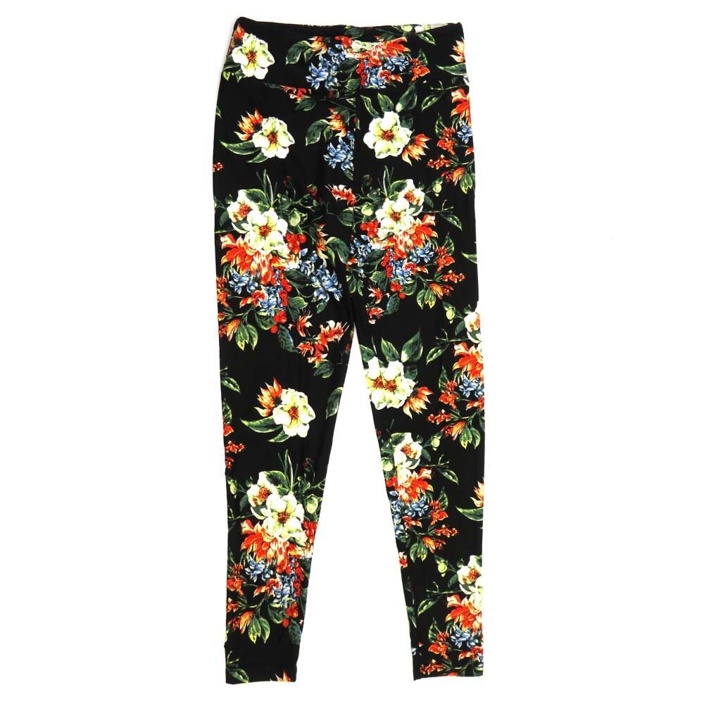 LuLaRoe One Size OS Multicolor Hybiscus Flowers Black with Green Red and White Buttery Soft Leggings - OS fits Adults 2-10  922350