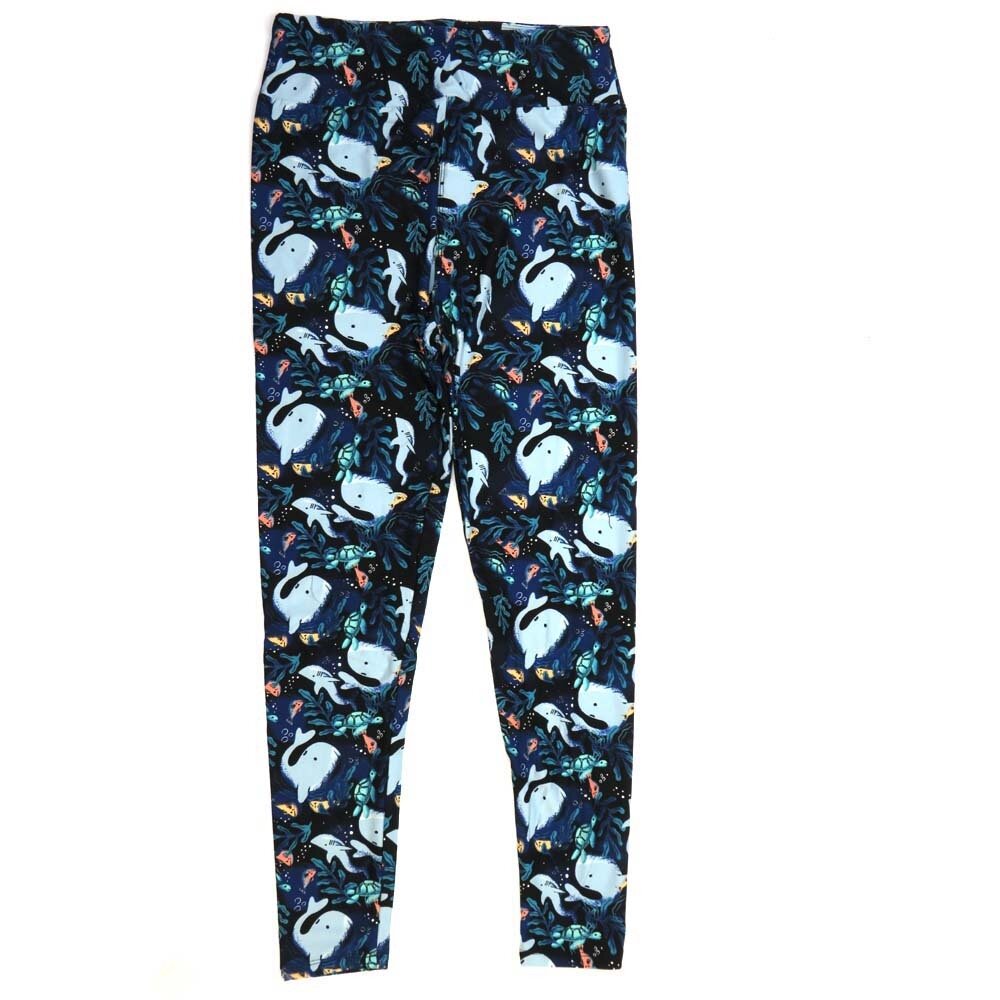 LuLaRoe One Size OS Marine Life Dolphins Whales Turtles Kelp Black with Navy Blue salmon and Ice White Buttery Soft Leggings - OS fits Adults 2-10  902377