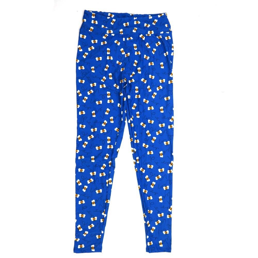LuLaRoe One Size OS Bumblebees Flying Blue Yellow White and Black Buttery Soft Leggings - OS fits Adults 2-10  032349