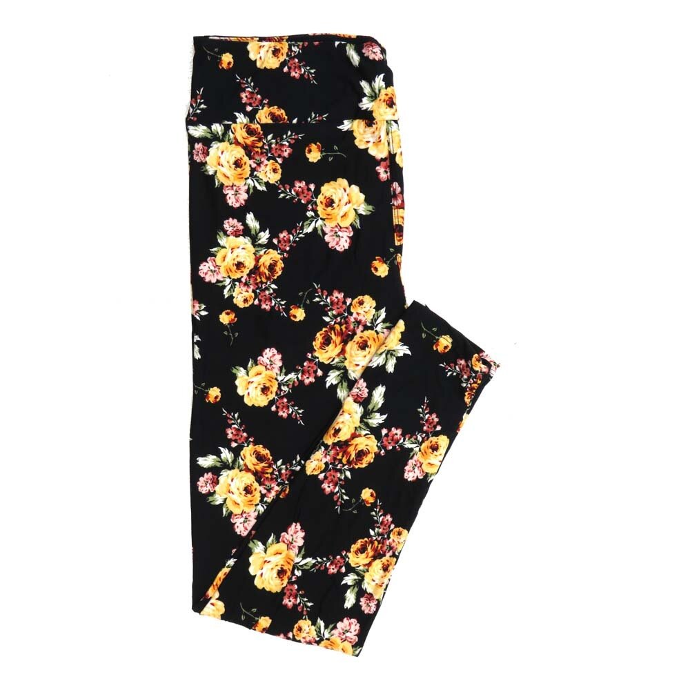LuLaRoe Tall Curvy TC Roses Black with Yellow White Pink and Red Buttery Soft Leggings - TC fits Adults 12-18  373034