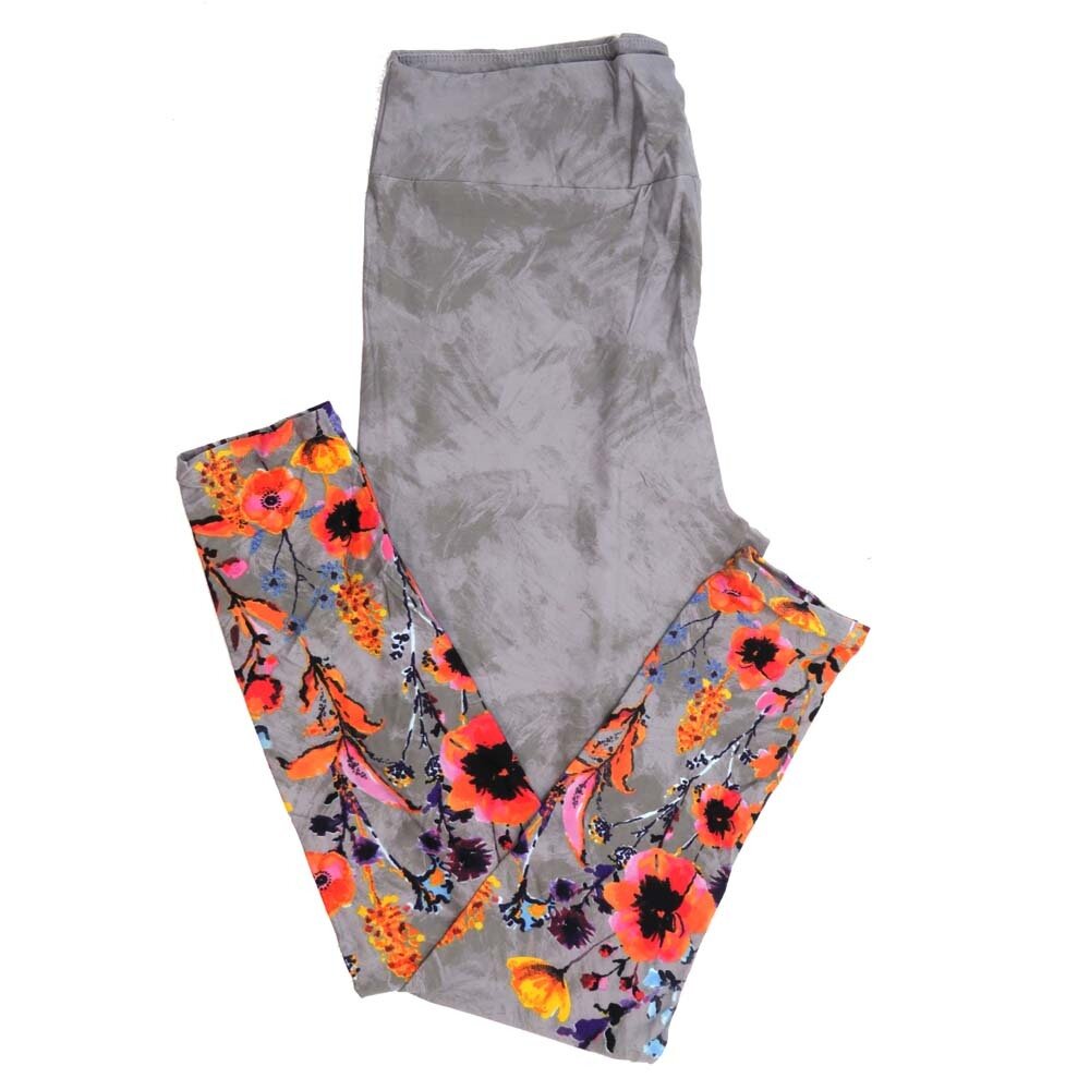 LuLaRoe Tall Curvy TC Solid Batik Style Gray with Flowers Floral Leg Bottoms of Yellow Purple Pink Blue Orange and Black Buttery Soft Leggings - TC fits Adults 12-18  380931