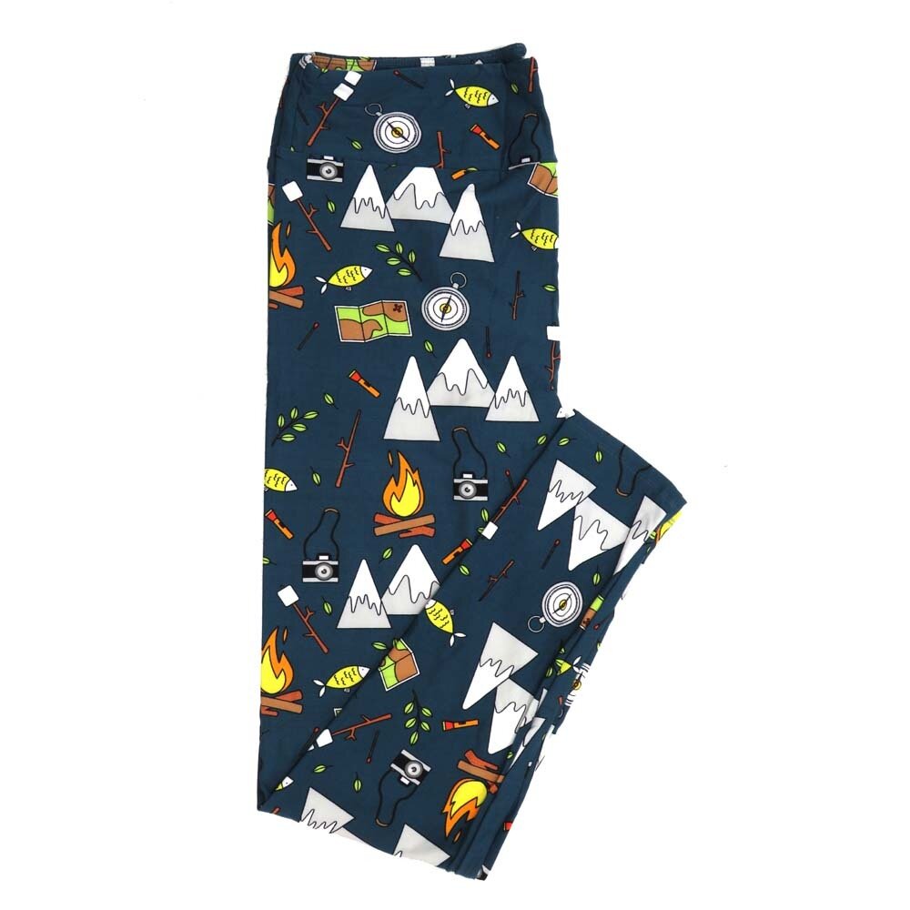 LuLaRoe Tall Curvy TC Camping in the Mountains Maps Cameras Fish Fires Flashlights Marshmallows Slate Blue with White Gray Black Green and Yellow Buttery Soft Leggings - TC fits Adults 12-18  304735