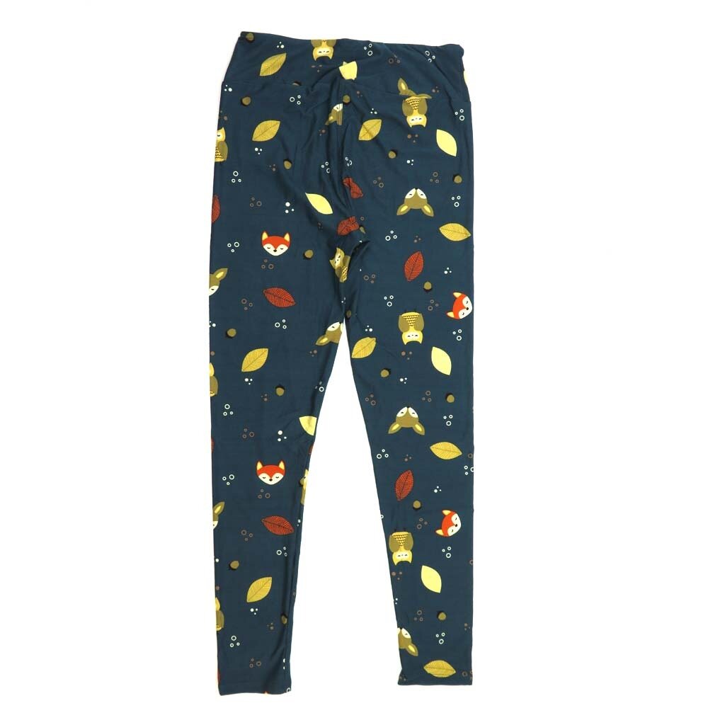 LuLaRoe Tall Curvy TC Foxes Owls  Acorns Leaves Slate Blue Brown White Black Orange and Yellow with Polka Dots Buttery Soft Leggings - TC fits Adults 12-18  342333