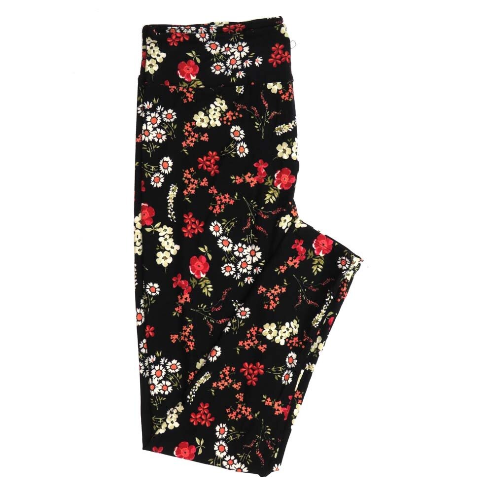 LuLaRoe TCTWO TC2 Floral Daisies Daisy Babies Breath Forget Me Nots Black with White Green and Rosy Red Buttery Soft Leggings TC2 fits Adults 18+ 232343
