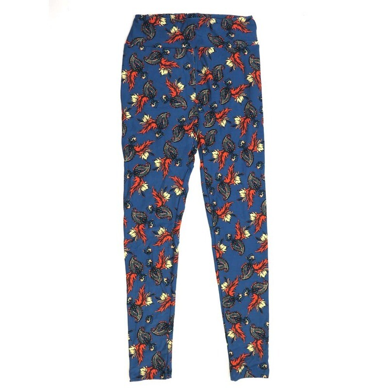 LuLaRoe One Size OS Paisley Floral Leaf Slate Blue with Coral Cream and Black Paisleys Womens Buttery Soft Leggings - OS fits Adults 2-10