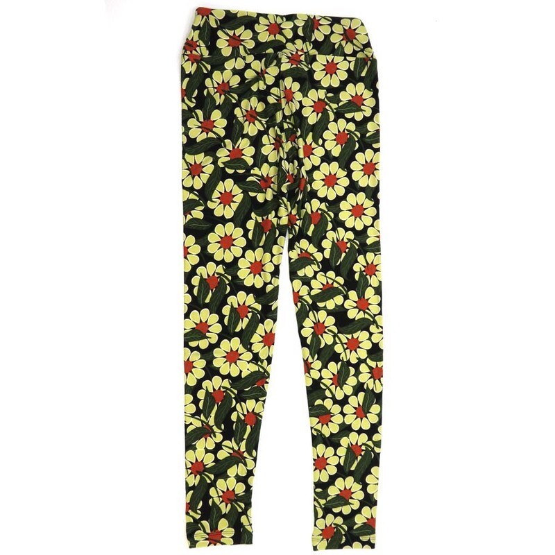 LuLaRoe One Size OS Clematis Blooms and Vines Black with Green Cream and Coral Flowers Womens Buttery Soft Leggings OS fits Adults 2-10