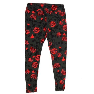 LuLaRoe One Size OS Roses on the Stem Dark Greenish Gray with Red and Black Heirloom Roses Womens Buttery Soft Leggings - 704005 OS fits Adults 2-10