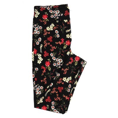 LuLaRoe One Size OS Daisy Babies Breath Forget Me Nots Black with White Green and Rosy Red Buttery Soft Leggings - OS fits Adults 2-10  232343