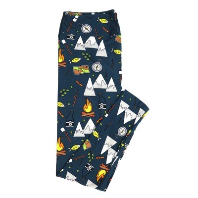 LuLaRoe One Size OS Camping in the Mountains Maps Cameras Fish Fires Flashlights Marshmallows Slate Blue with White Gray Black Green and Yellow Buttery Soft Leggings - OS fits Adults 2-10  304735