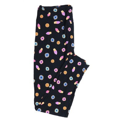 LuLaRoe One Size OS Glazed Donuts Choclate Chip Cookies Ice Cream Cones Navy Blue with Biege Purple Pink Blue and Turqoise Buttery Soft Leggings - OS fits Adults 2-10  328539