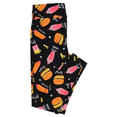 LuLaRoe One Size OS Diner Food French Fries Milkshakes Burgers Black with Yellow Pink and White Buttery Soft Leggings - OS fits Adults 2-10  249240