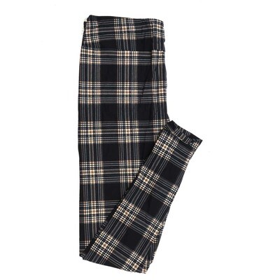 LuLaRoe One Size OS Classic Thin Stripe Plaid Black with White Tan and Biege Buttery Soft Leggings - OS fits Adults 2-10  366137
