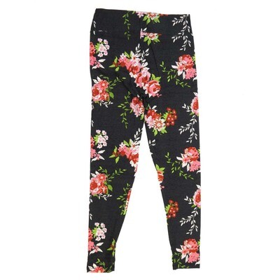 LuLaRoe One Size OS Roses with Underlying Crosshatch Black Gray Pink Orange Green and White Buttery Soft Leggings - OS fits Adults 2-10  269228