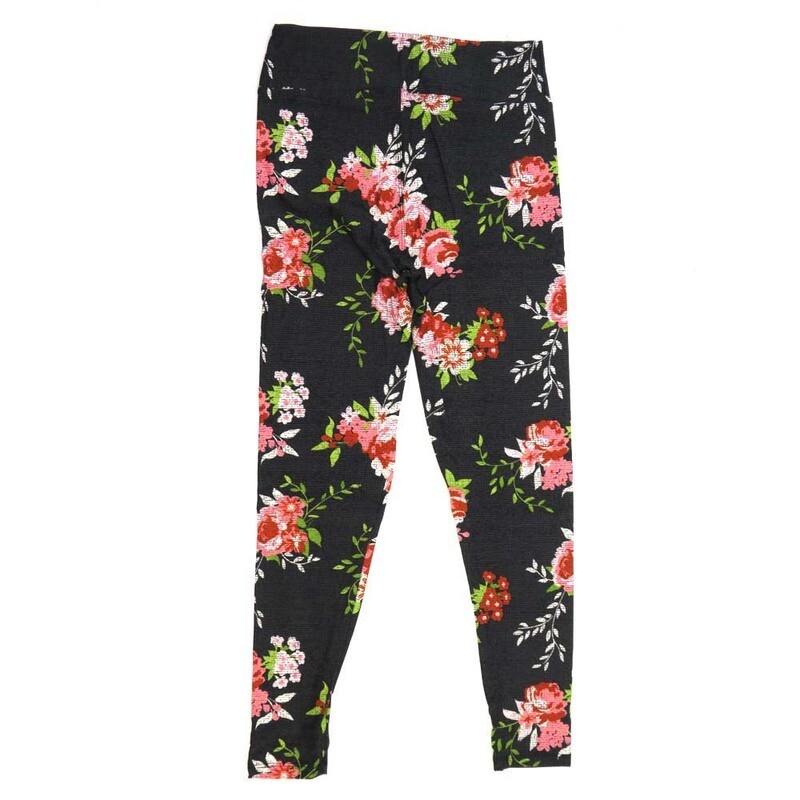 LuLaRoe One Size OS Roses with Underlying Crosshatch Black Gray Pink Orange Green and White Buttery Soft Leggings - OS fits Adults 2-10  269228