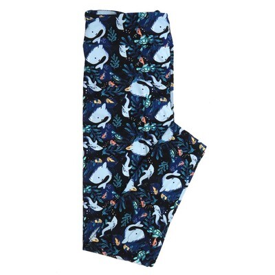 LuLaRoe One Size OS Under the Sea Marine Animals Salt Water Dolphins Whales Turtles Black with Navy Blue Salmon Ice White Buttery Soft Leggings - OS fits Adults 2-10  902377