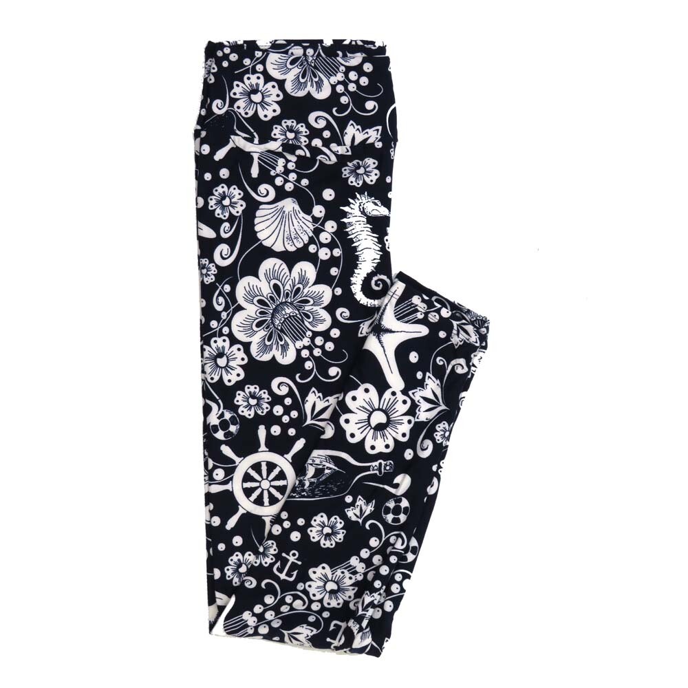 LuLaRoe One Size OS Under the Sea Marine Anchors Seahorses Captain's Wheel Starfish Schooner in a Bottle Navy Blue and White Floral Buttery Soft Leggings - OS fits Adults 2-10  331610
