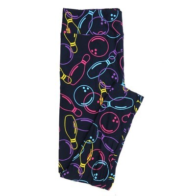 LuLaRoe One Size OS Bowling Balls and Pins Navy Blue with Pink Turqoise Purple and Yellow Buttery Soft Leggings - OS fits Adults 2-10  988573