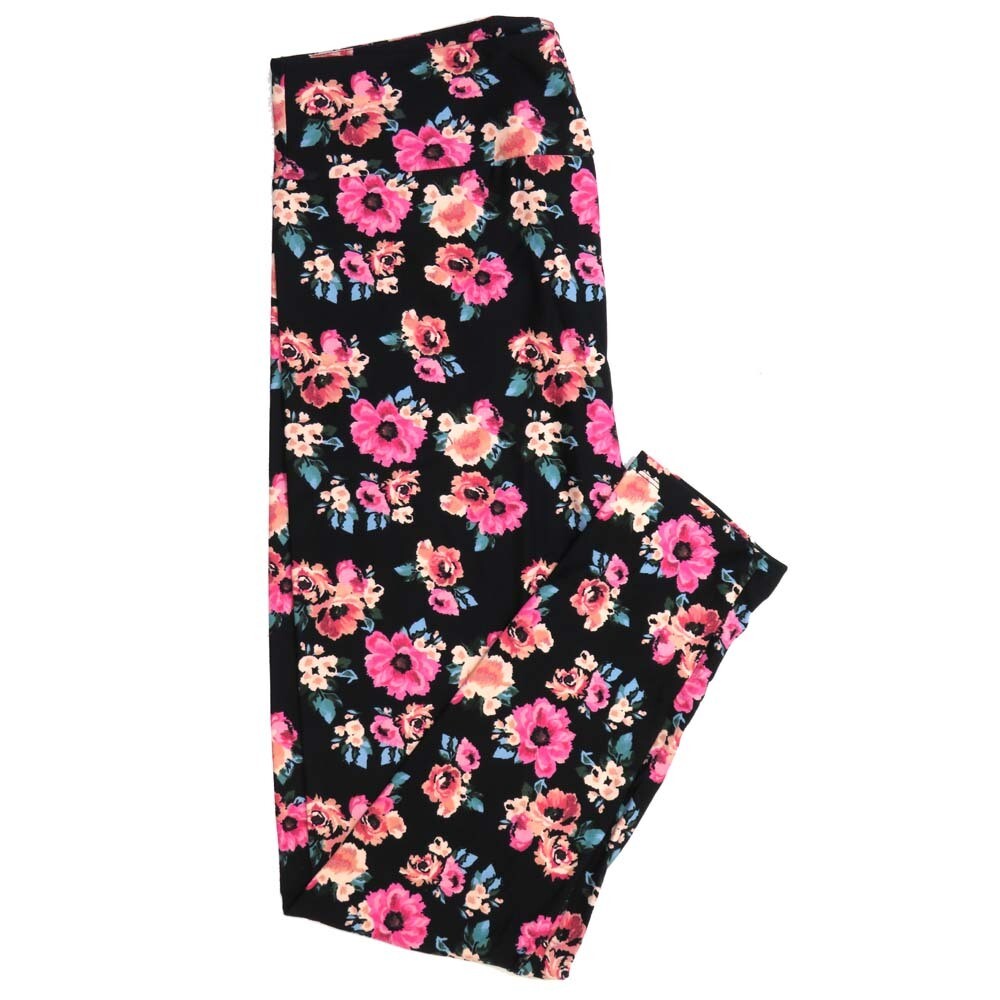 LuLaRoe One Size OS Roses and Assorted Flowers Black with Salmon Pink and Green Buttery Soft Leggings - OS fits Adults 2-10 964779