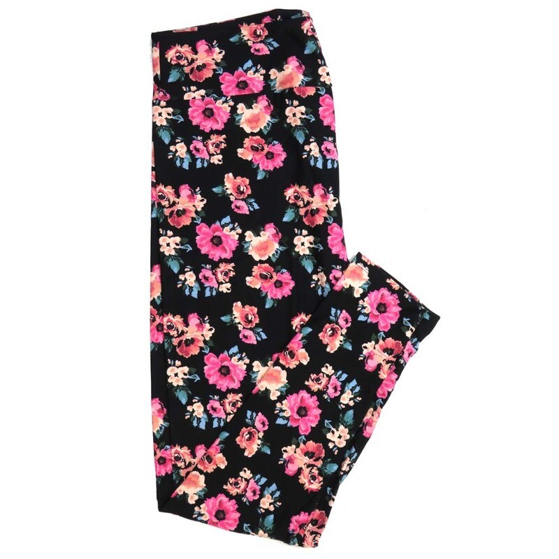 LuLaRoe One Size OS Roses and Assorted Flowers Black with Salmon Pink and Green Buttery Soft Leggings - OS fits Adults 2-10  964779